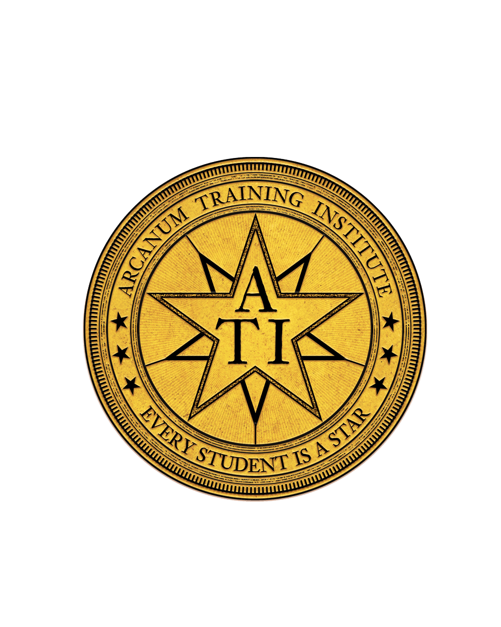 Golden seal with ATI initials inside a star with the text "Arcanum Institute" and "Every Student is a Star"