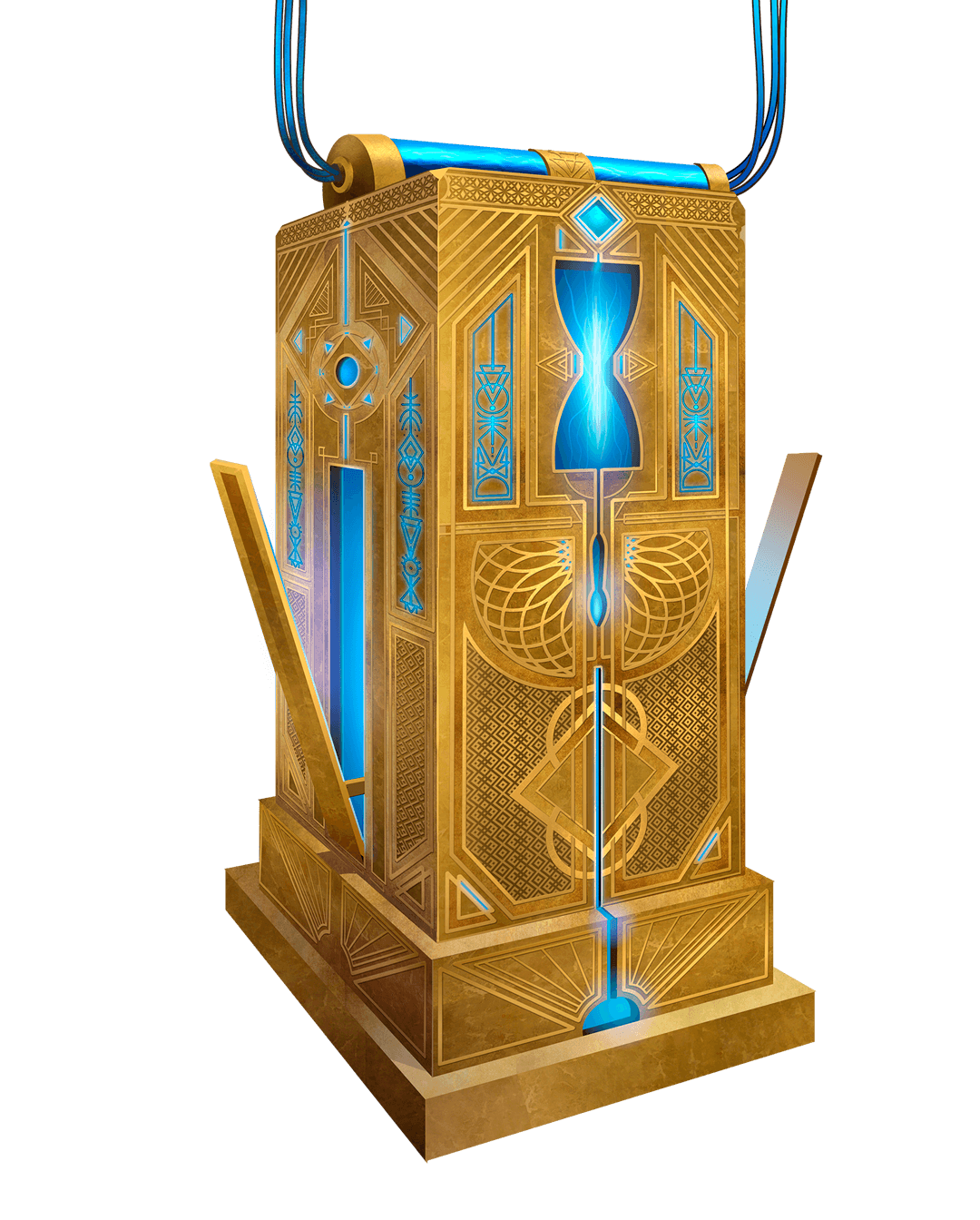 Illustration of a tall rectangular golden box with blue glowing accents and symbols inlaid in the surface