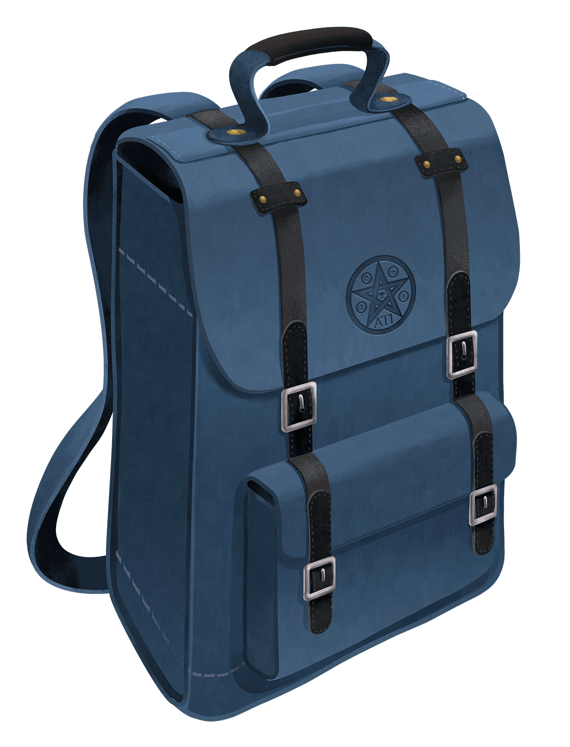 Dark blue satchel with star emblem inlaid on top flap