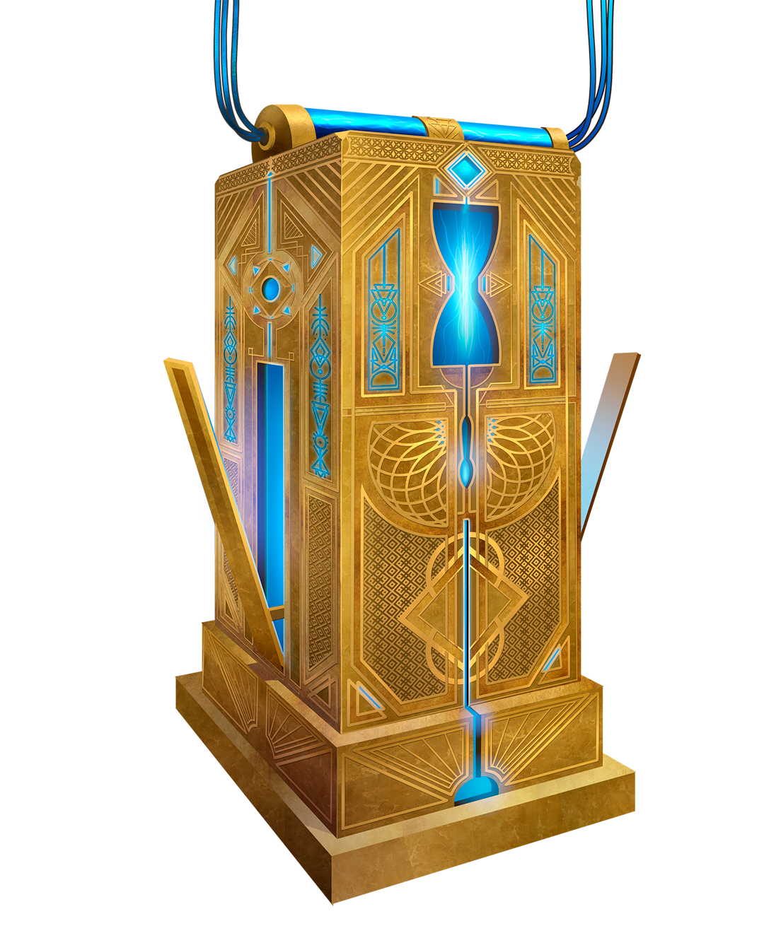 Illustration of a tall rectangular golden box with blue glowing accents and symbols inlaid in the surface