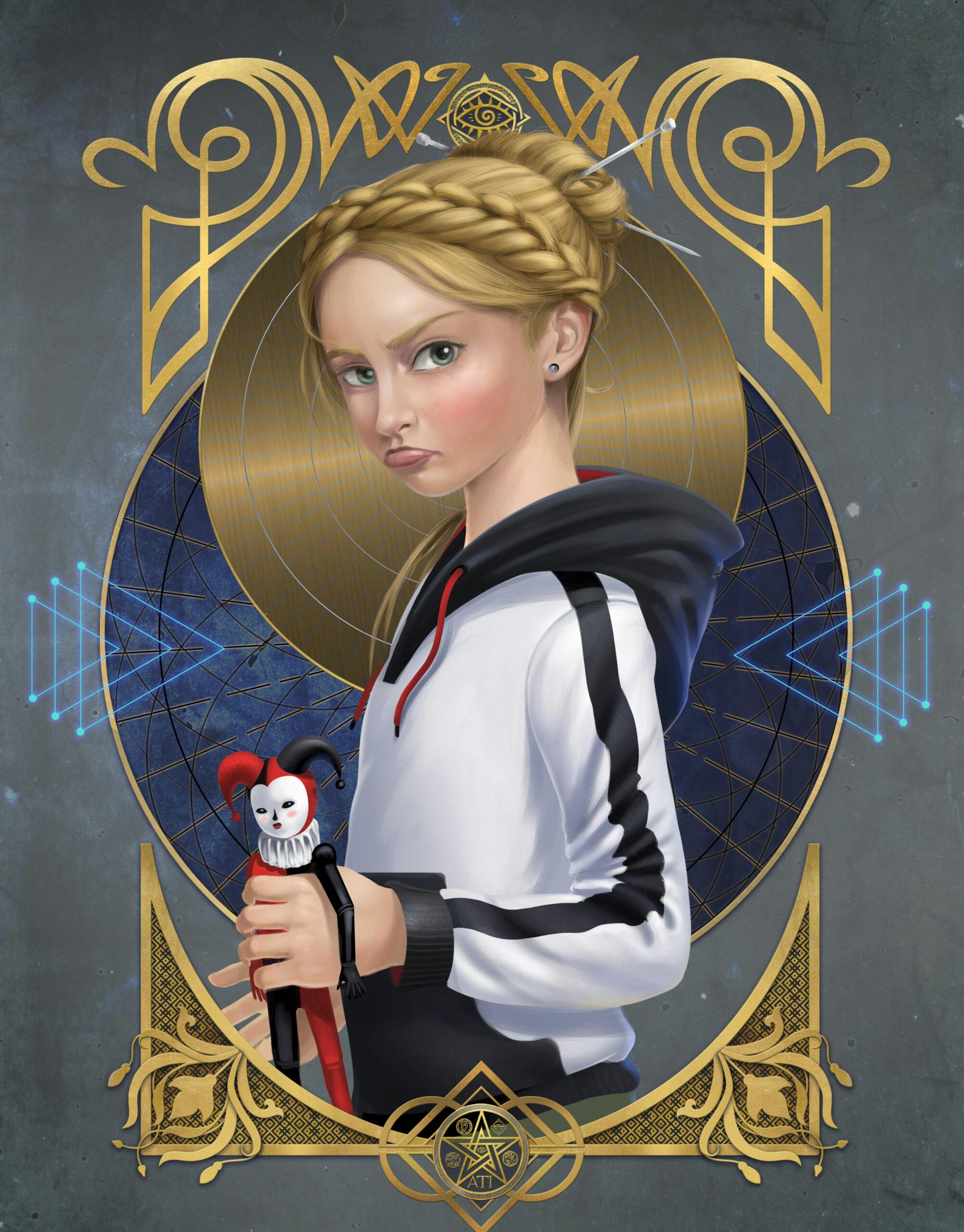 White pre-teen girl with blonde hair in an updo with a braid, wearing a black and white tracksuit and holding a small clown doll. She has a menacing look on her face