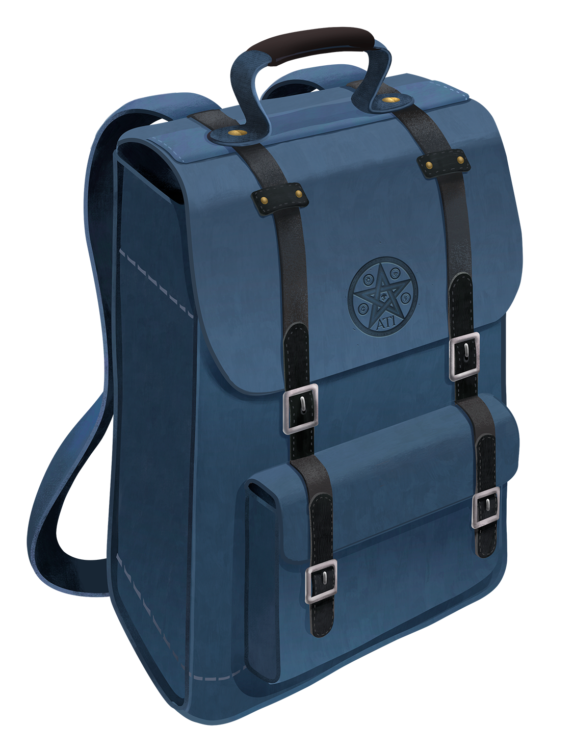 Dark blue satchel with star emblem inlaid on top flap